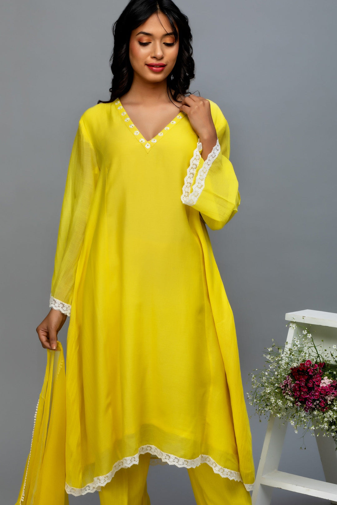 Yellow lace work chanderi suit set