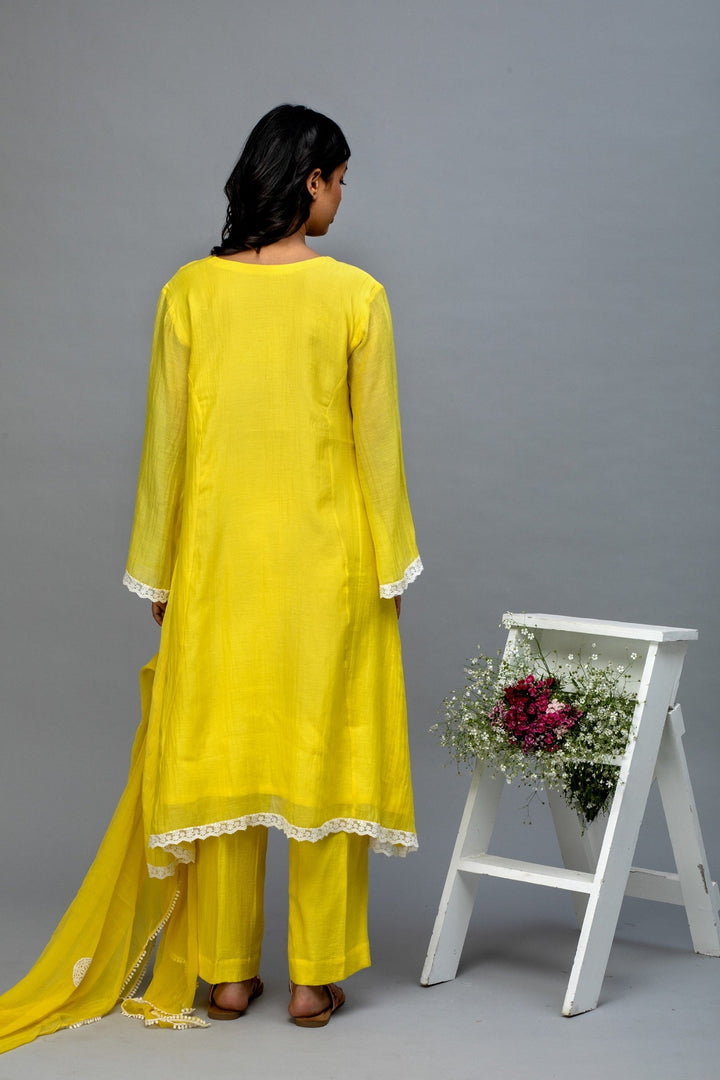 Yellow lace work chanderi suit set