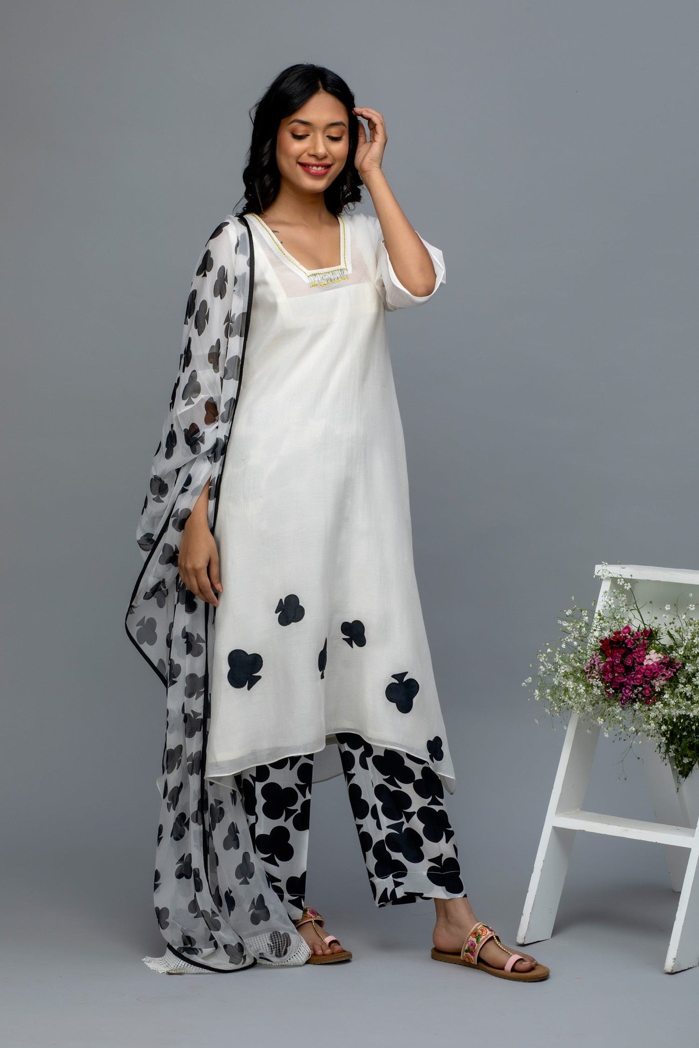 Black and White Patch Work Chanderi Suit Set