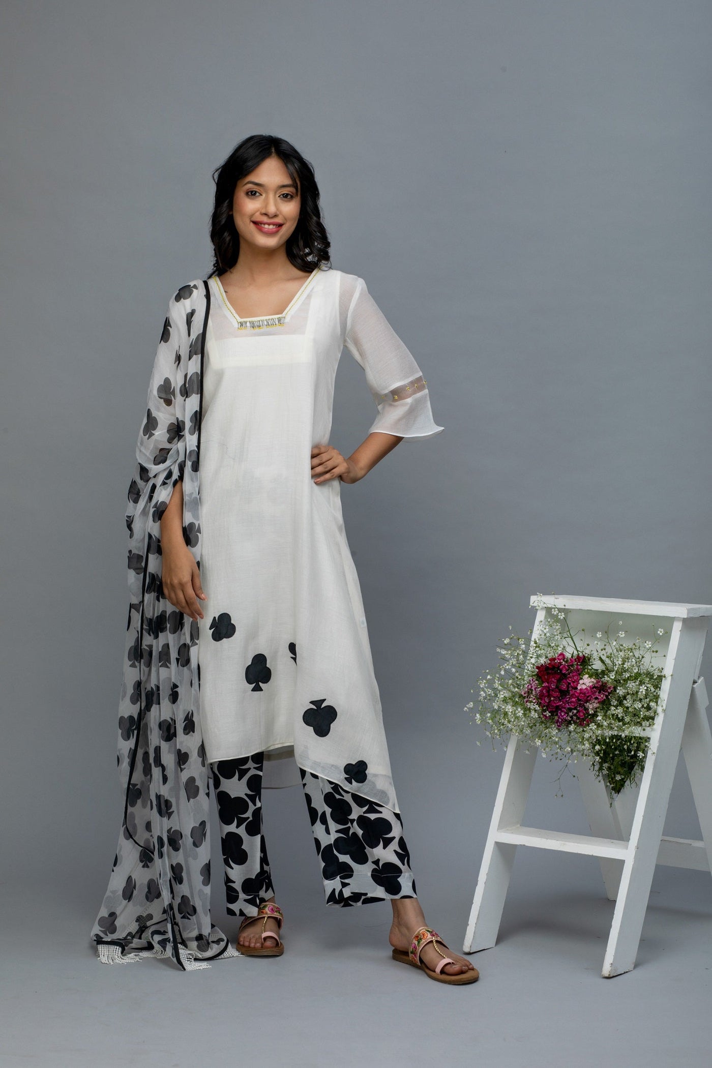 Black and White Patch Work Chanderi Suit Set