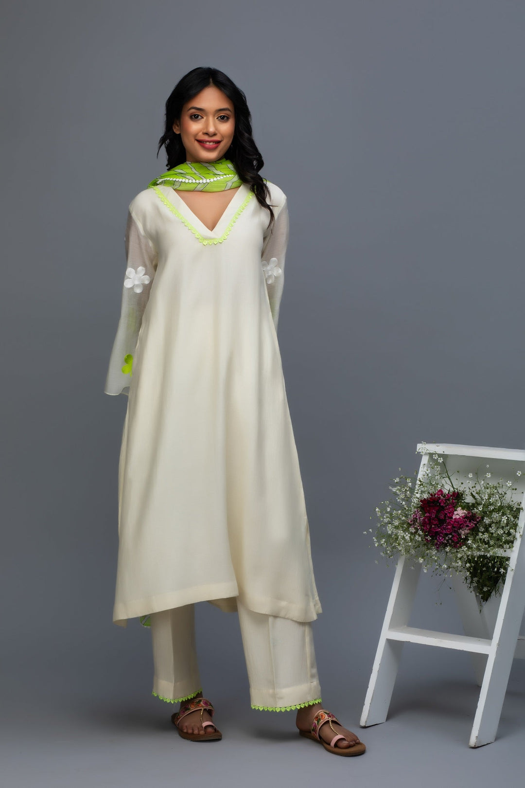 Off White Hand Embroidered Chanderi Suit Set with Leheriya Dupatta- Set of 3