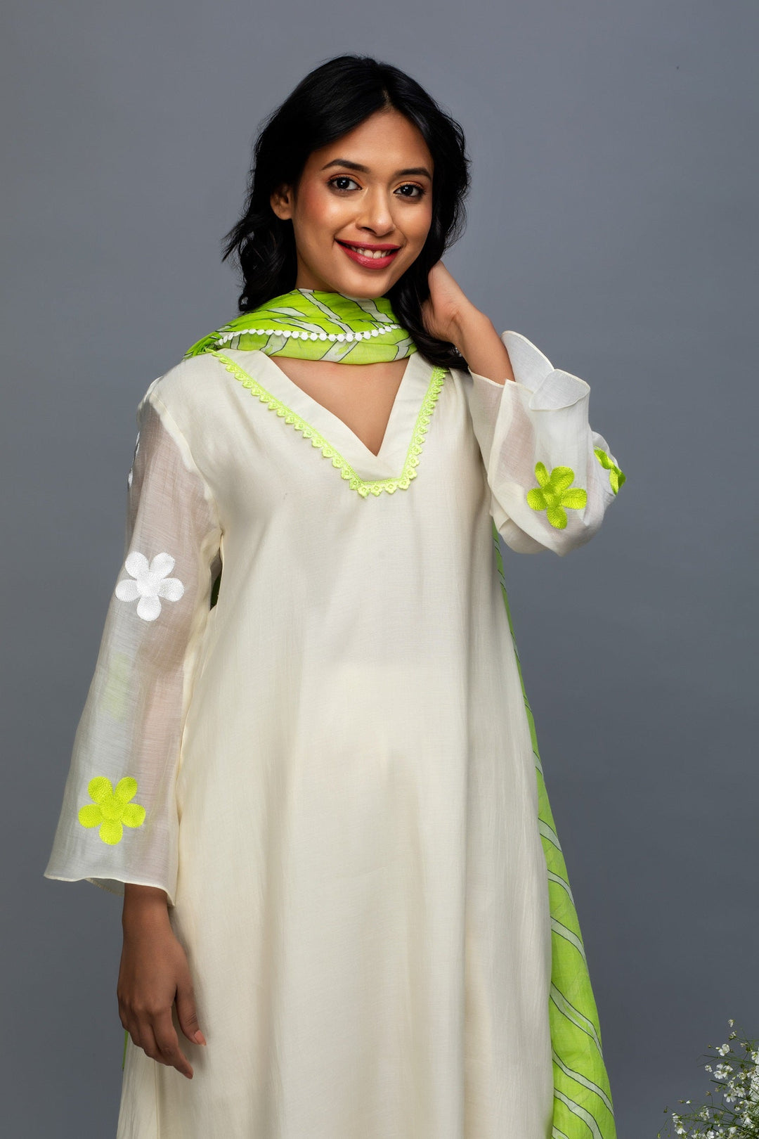 Off White Hand Embroidered Chanderi Suit Set with Leheriya Dupatta- Set of 3