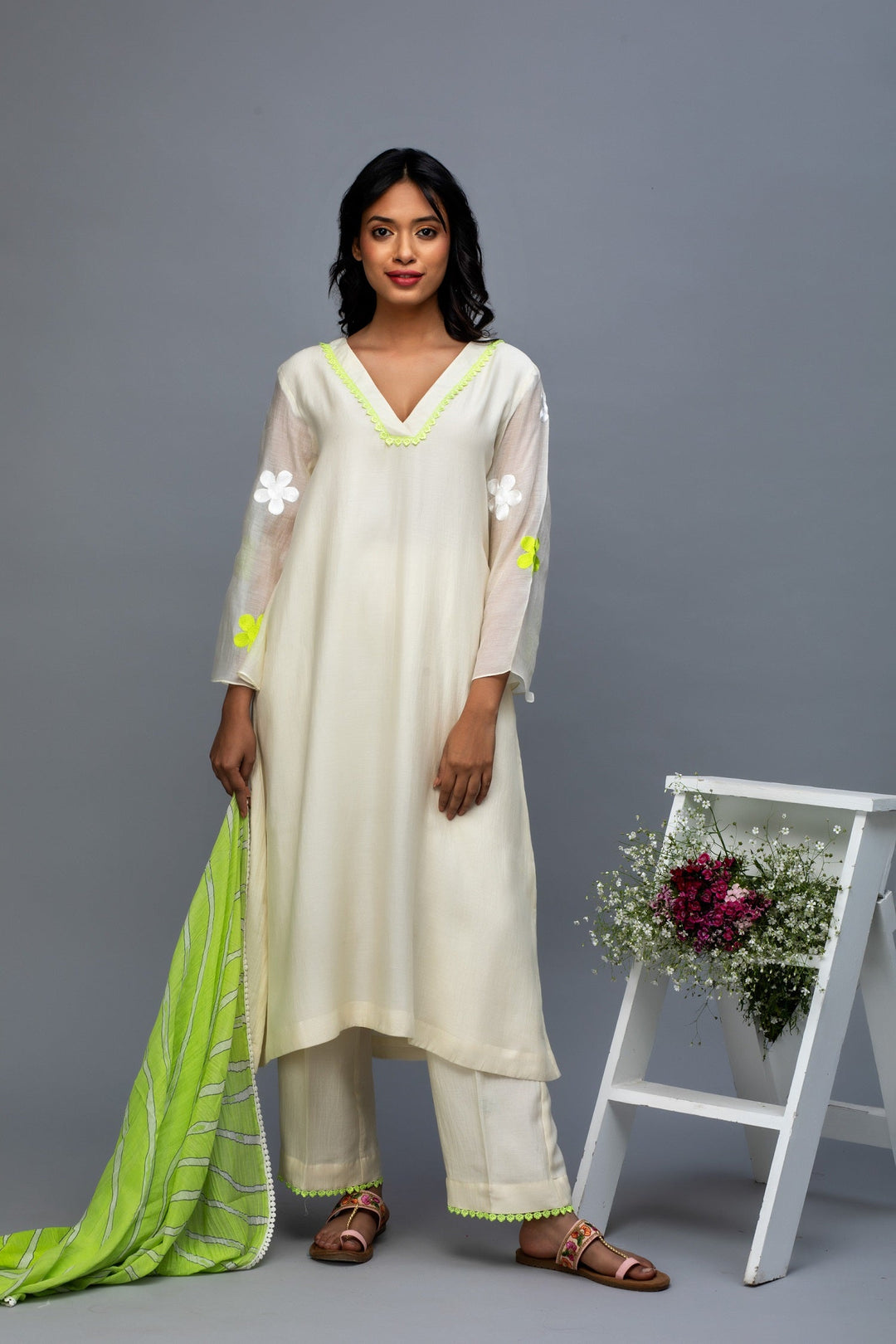 Off White Hand Embroidered Chanderi Suit Set with Leheriya Dupatta- Set of 3