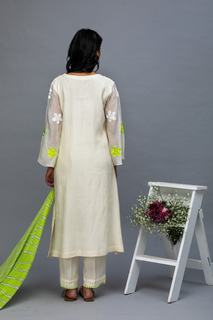 Off White Hand Embroidered Chanderi Suit Set with Leheriya Dupatta- Set of 3