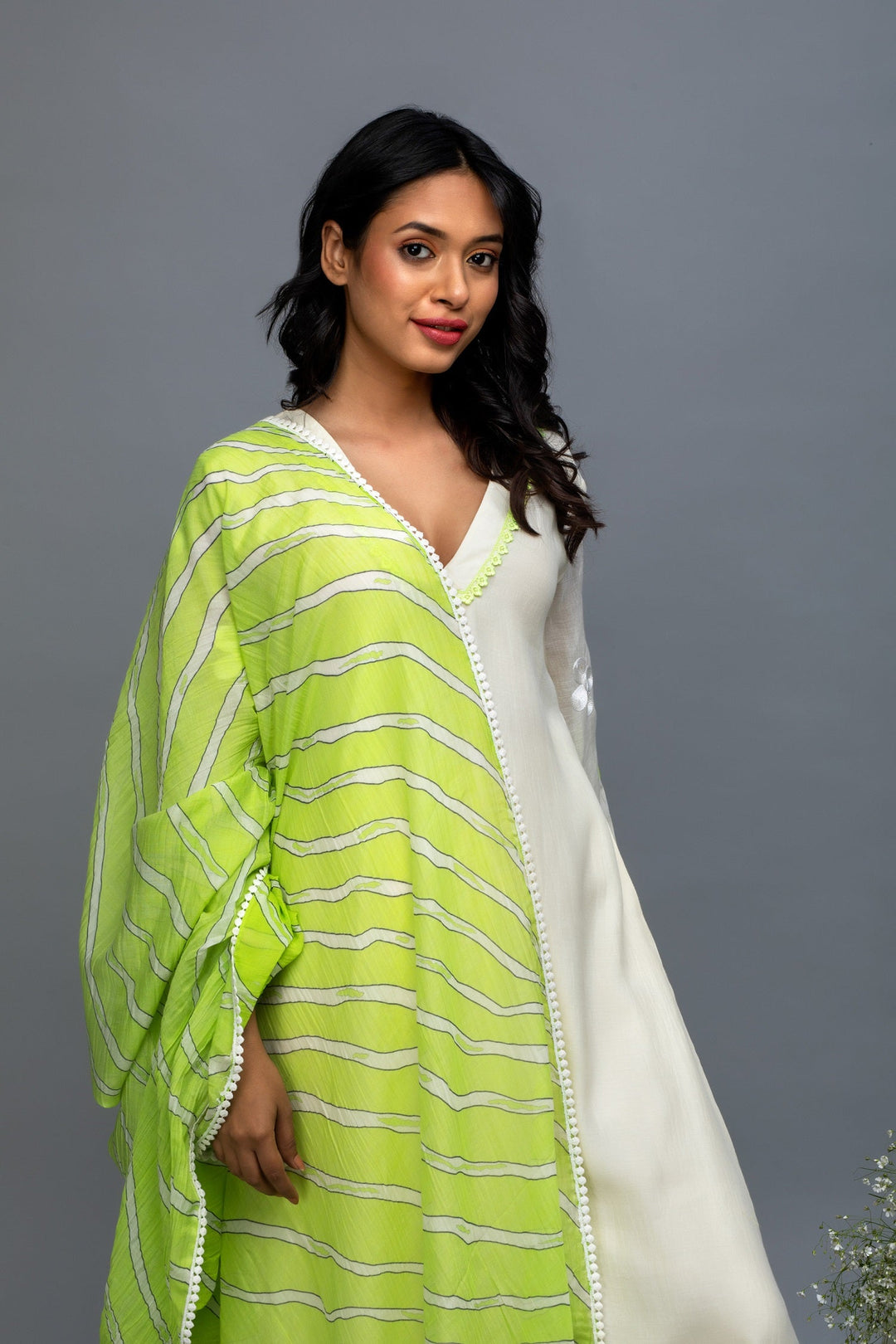 Off White Hand Embroidered Chanderi Suit Set with Leheriya Dupatta- Set of 3