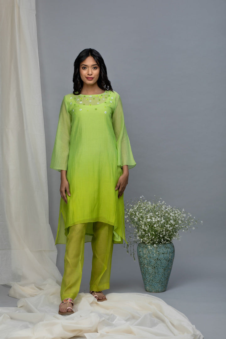 Green Yellow Ombre Chanderi Kurta Set