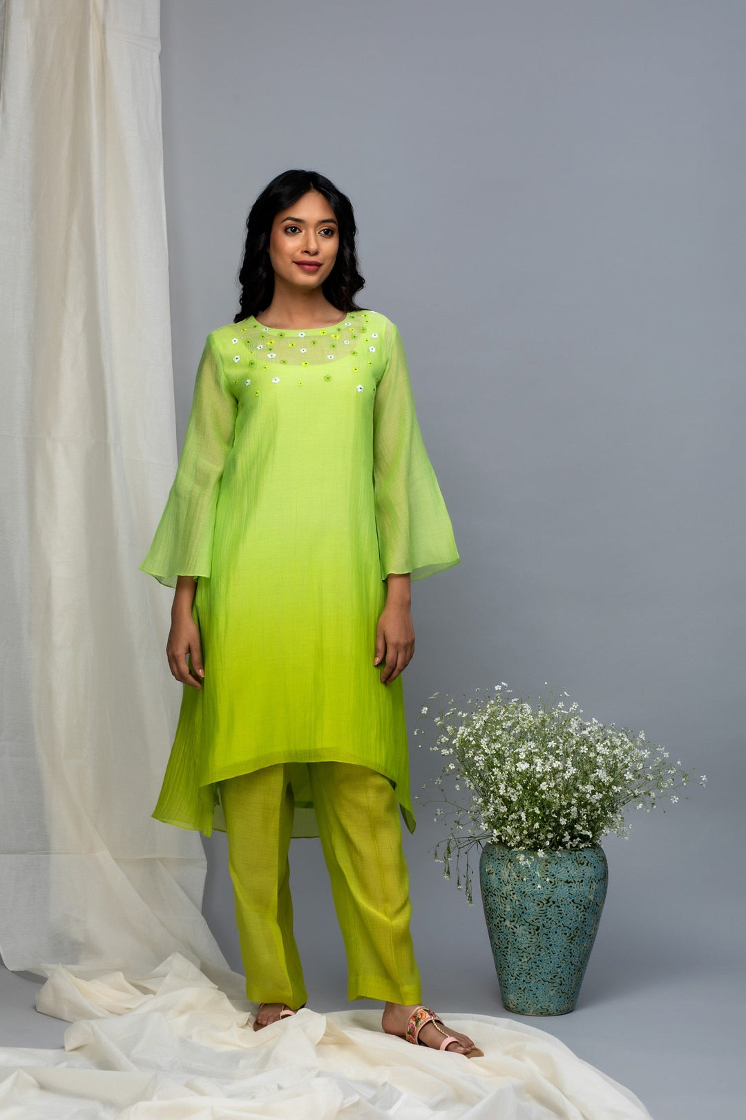 Green Yellow Ombre Chanderi Kurta Set