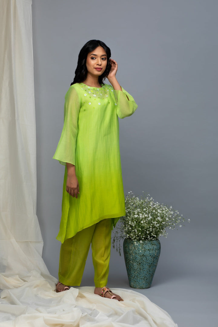 Green Yellow Ombre Chanderi Kurta Set