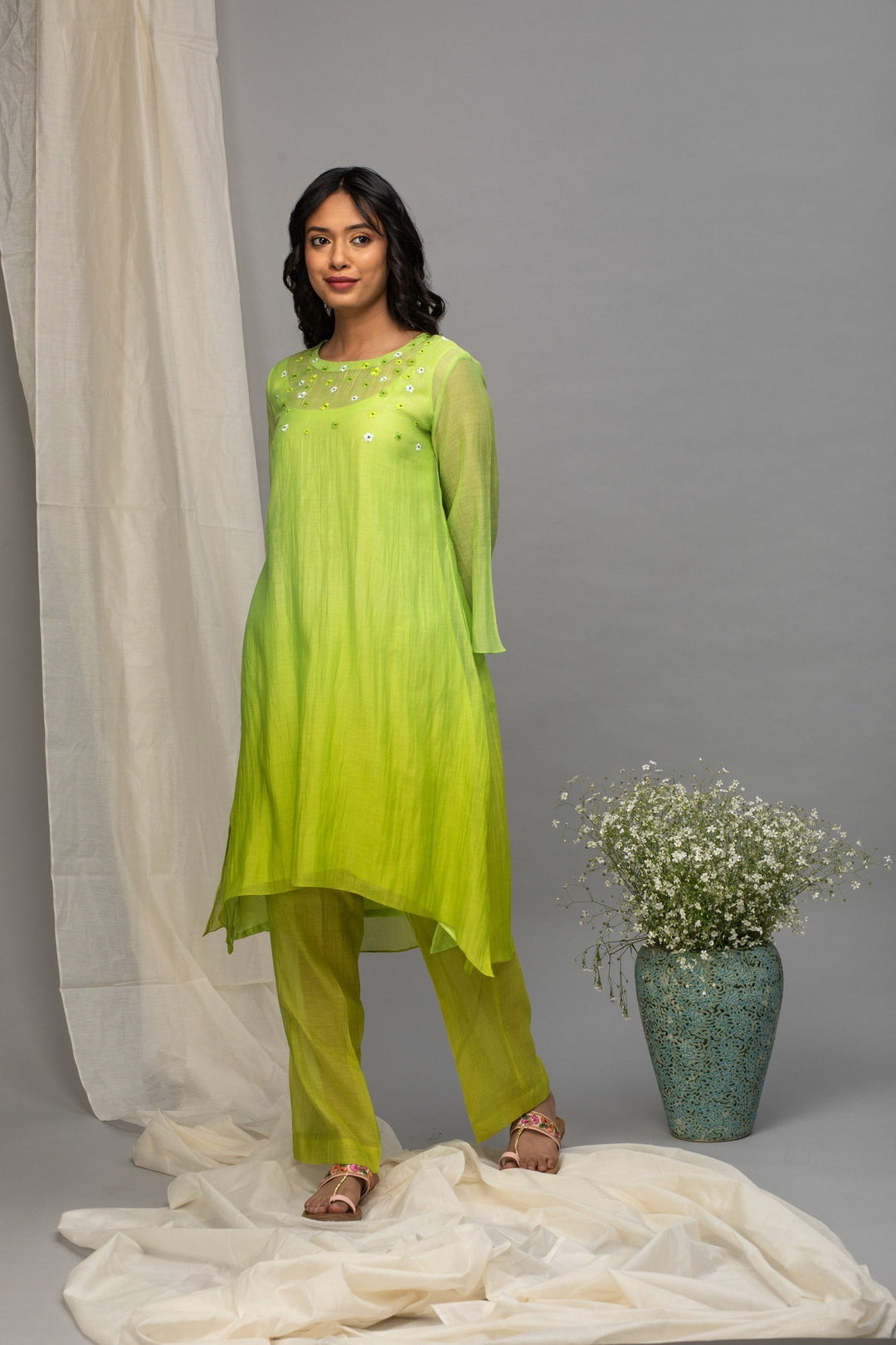 Green Yellow Ombre Chanderi Kurta Set