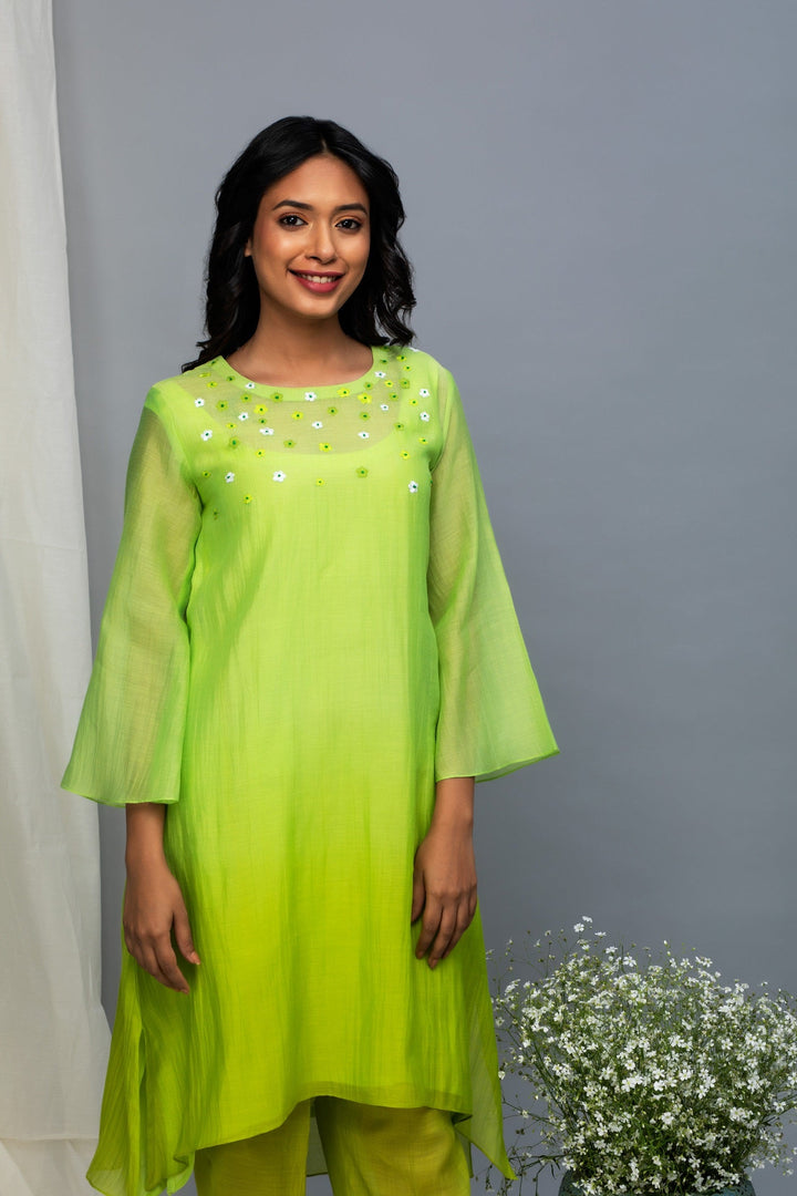 Green Yellow Ombre Chanderi Kurta Set