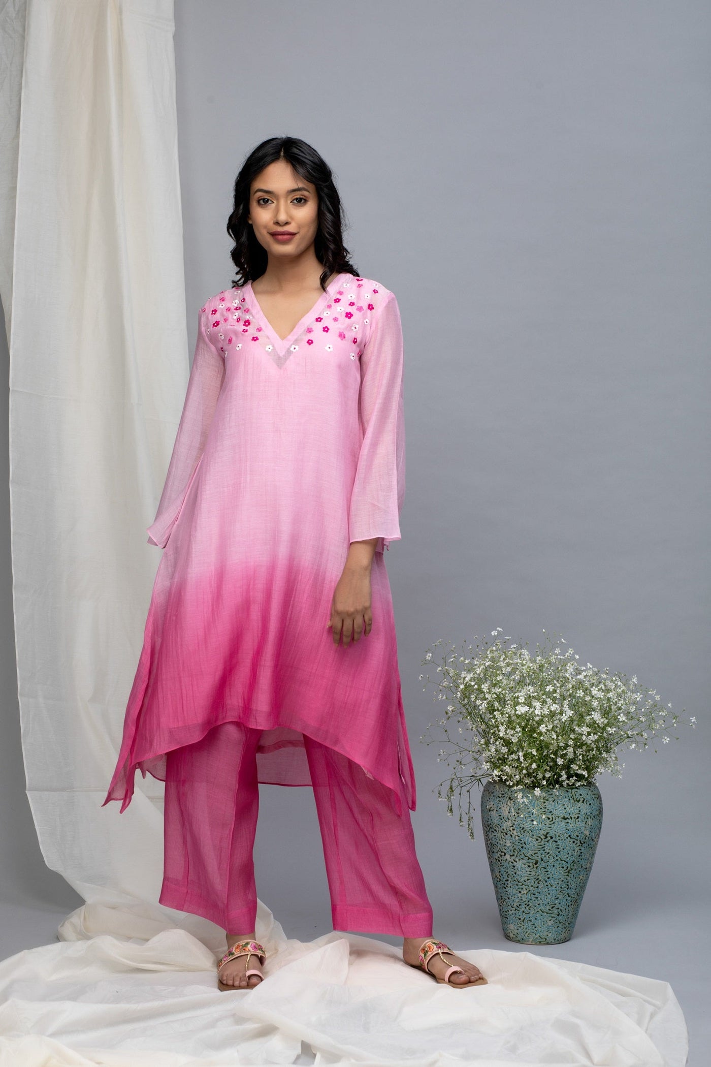 Pink ombre chanderi suit set