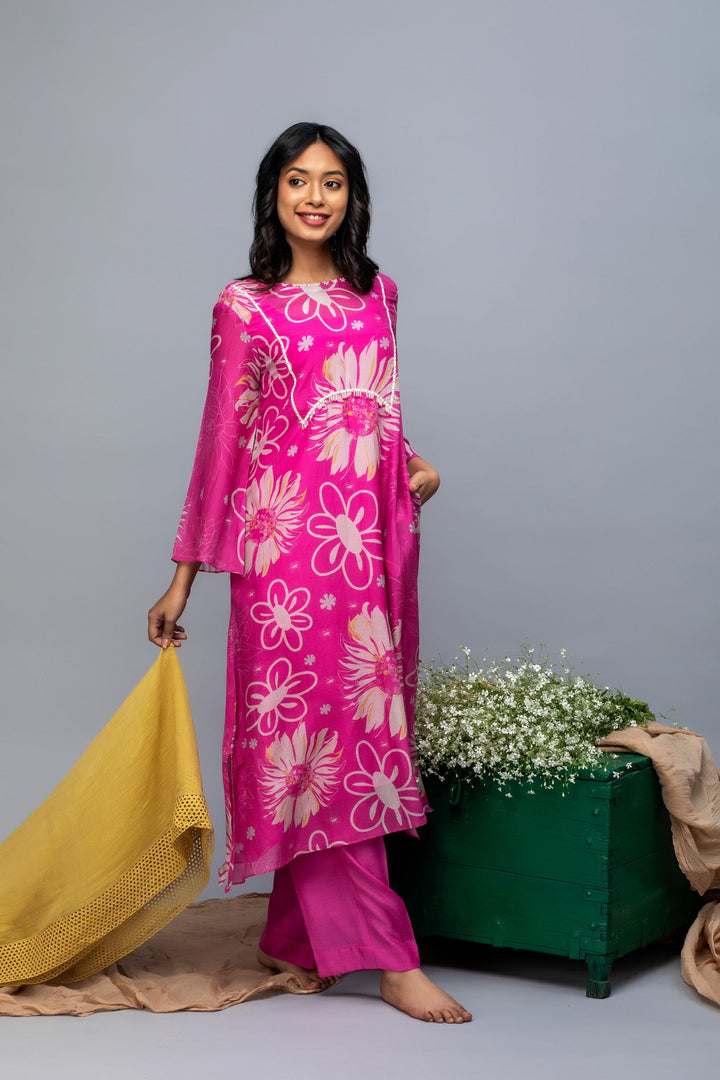 Pink Mustard Printed hand embroidered Chanderi Suit Set
