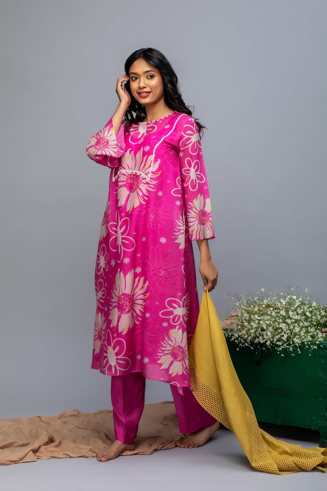Pink Mustard Printed hand embroidered Chanderi Suit Set