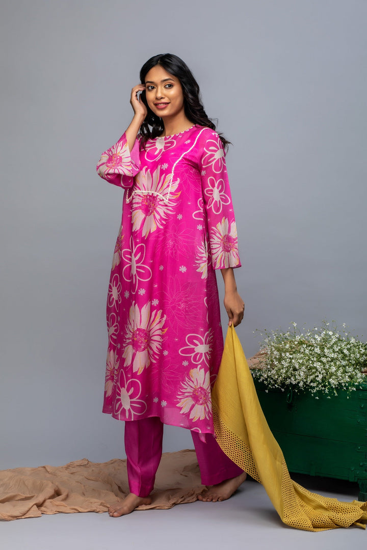 Pink Mustard Printed hand embroidered Chanderi Suit Set