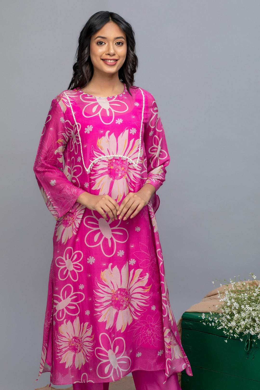 Pink Mustard Printed hand embroidered Chanderi Suit Set