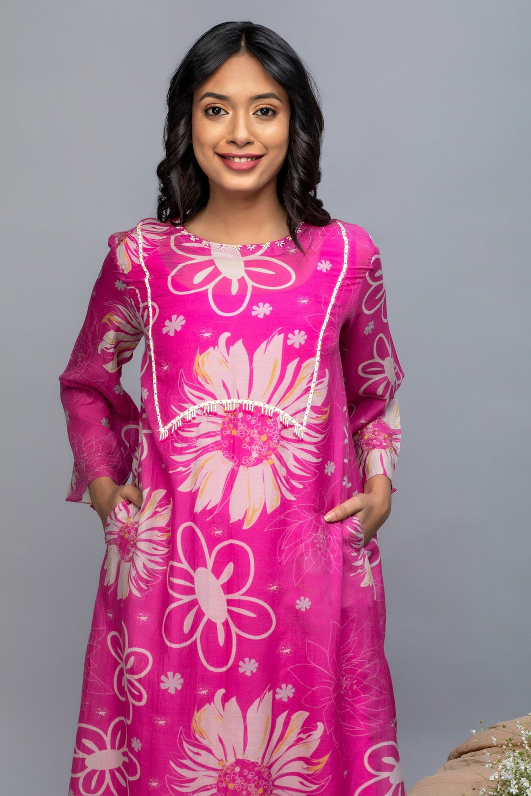 Pink Mustard Printed hand embroidered Chanderi Suit Set