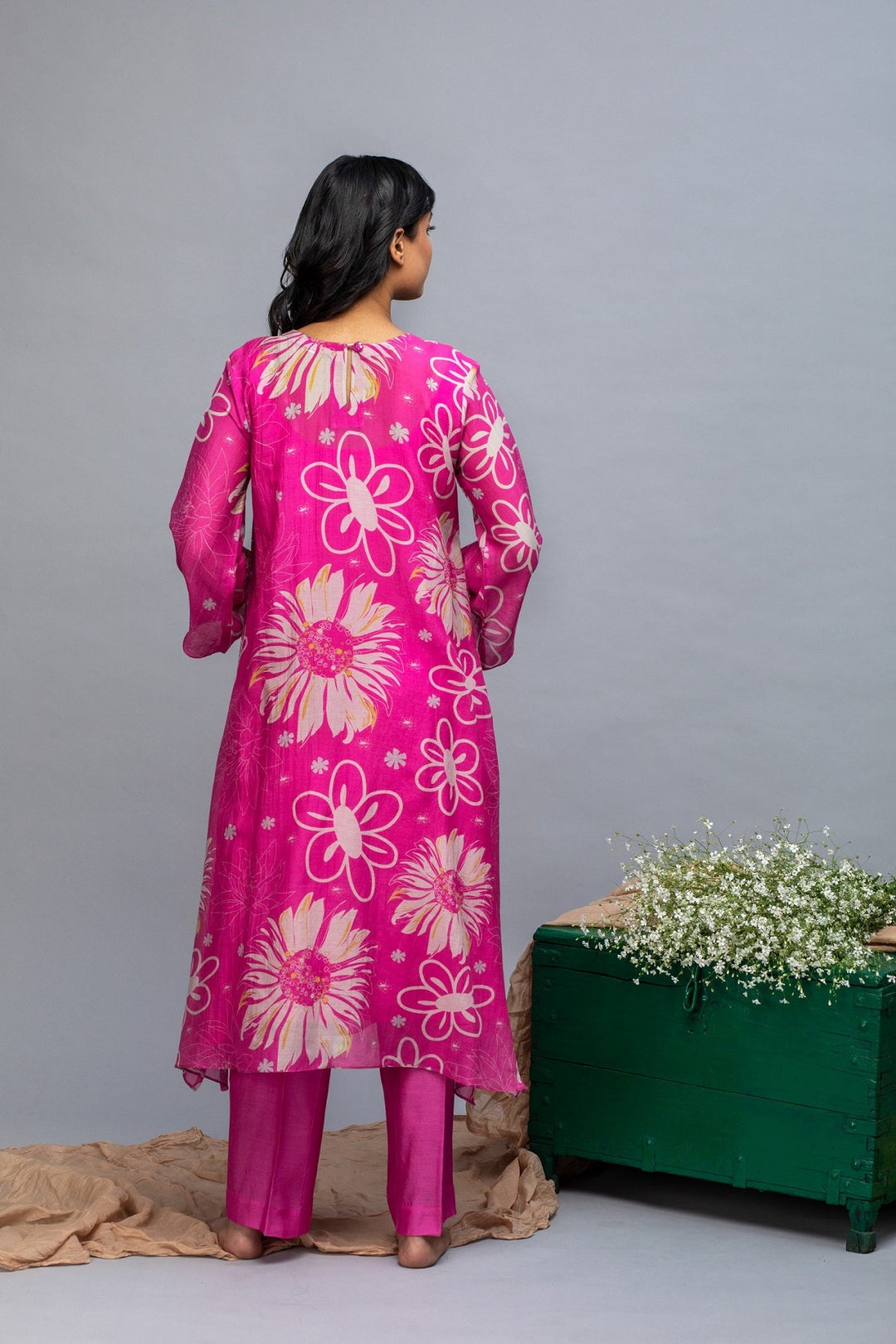 Pink Mustard Printed hand embroidered Chanderi Suit Set
