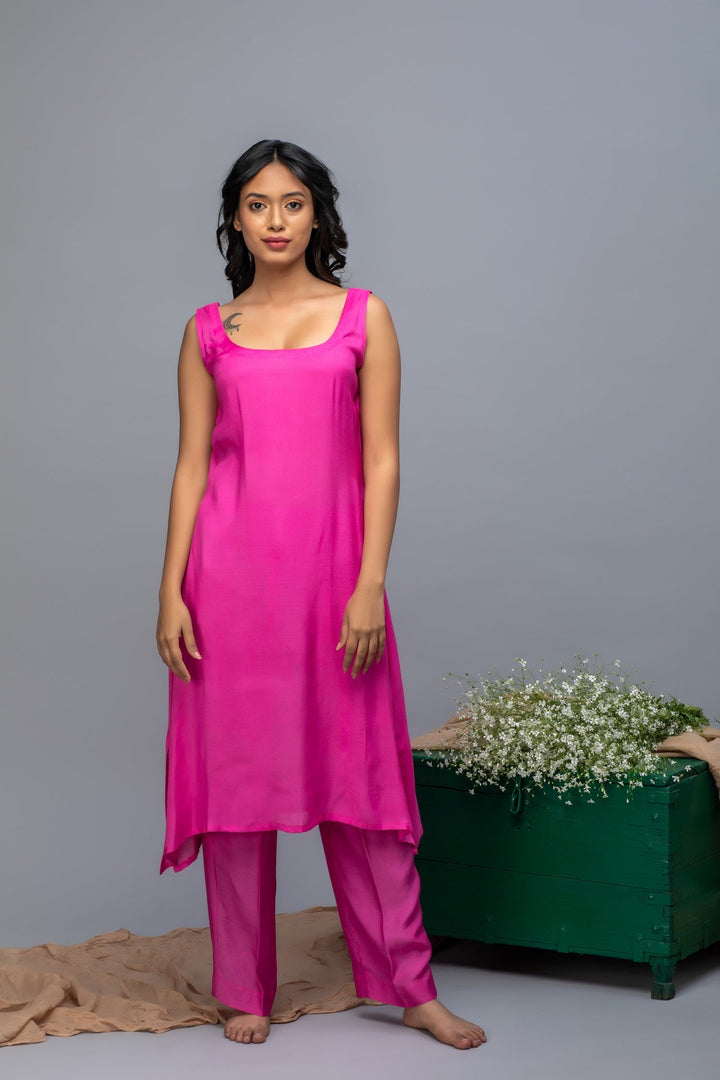 Pink Mustard Printed hand embroidered Chanderi Suit Set