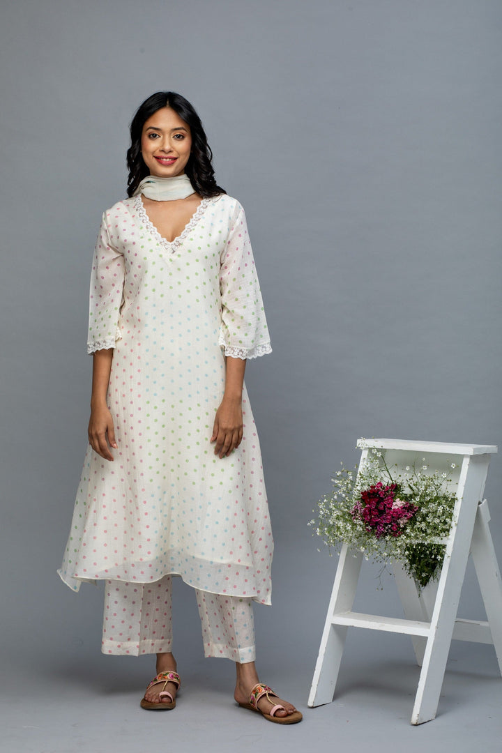 Multicolored Polka Printed Chanderi Suit Set with Dupatta