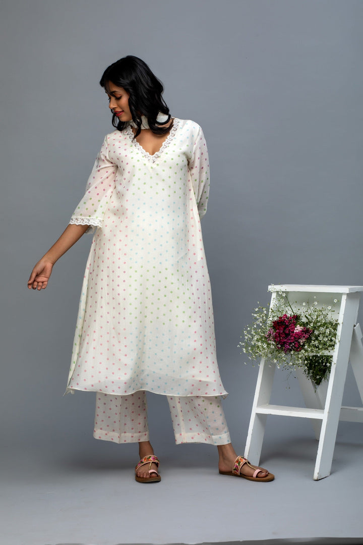 Multicolored Polka Printed Chanderi Suit Set with Dupatta