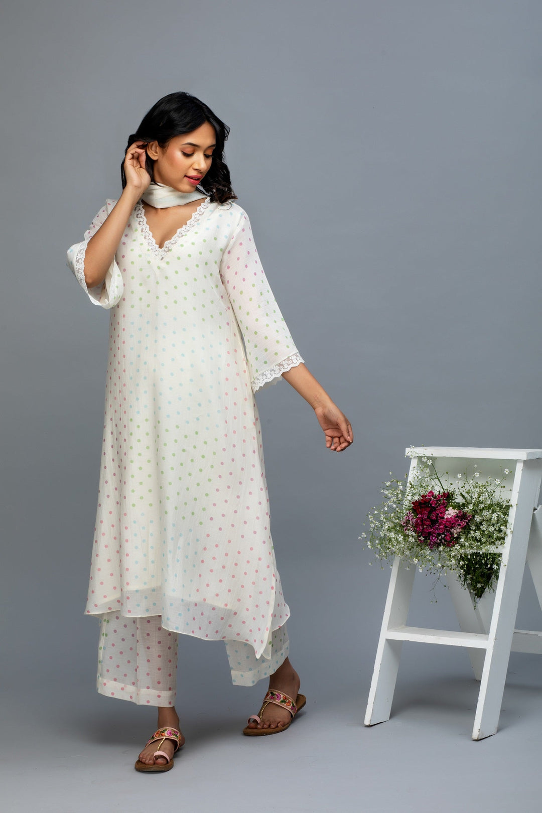 Multicolored Polka Printed Chanderi Suit Set with Dupatta