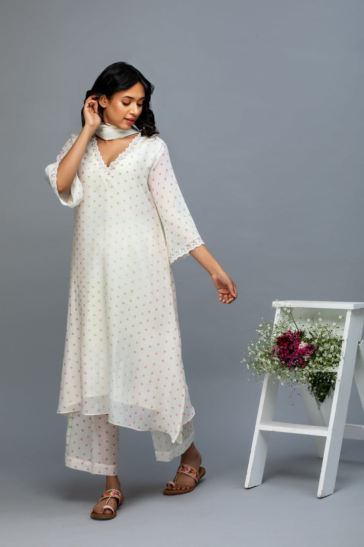 Multicolored Polka Printed Chanderi Suit Set with Dupatta