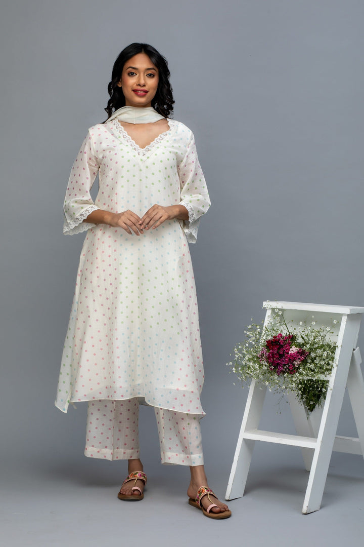 Multicolored Polka Printed Chanderi Suit Set with Dupatta