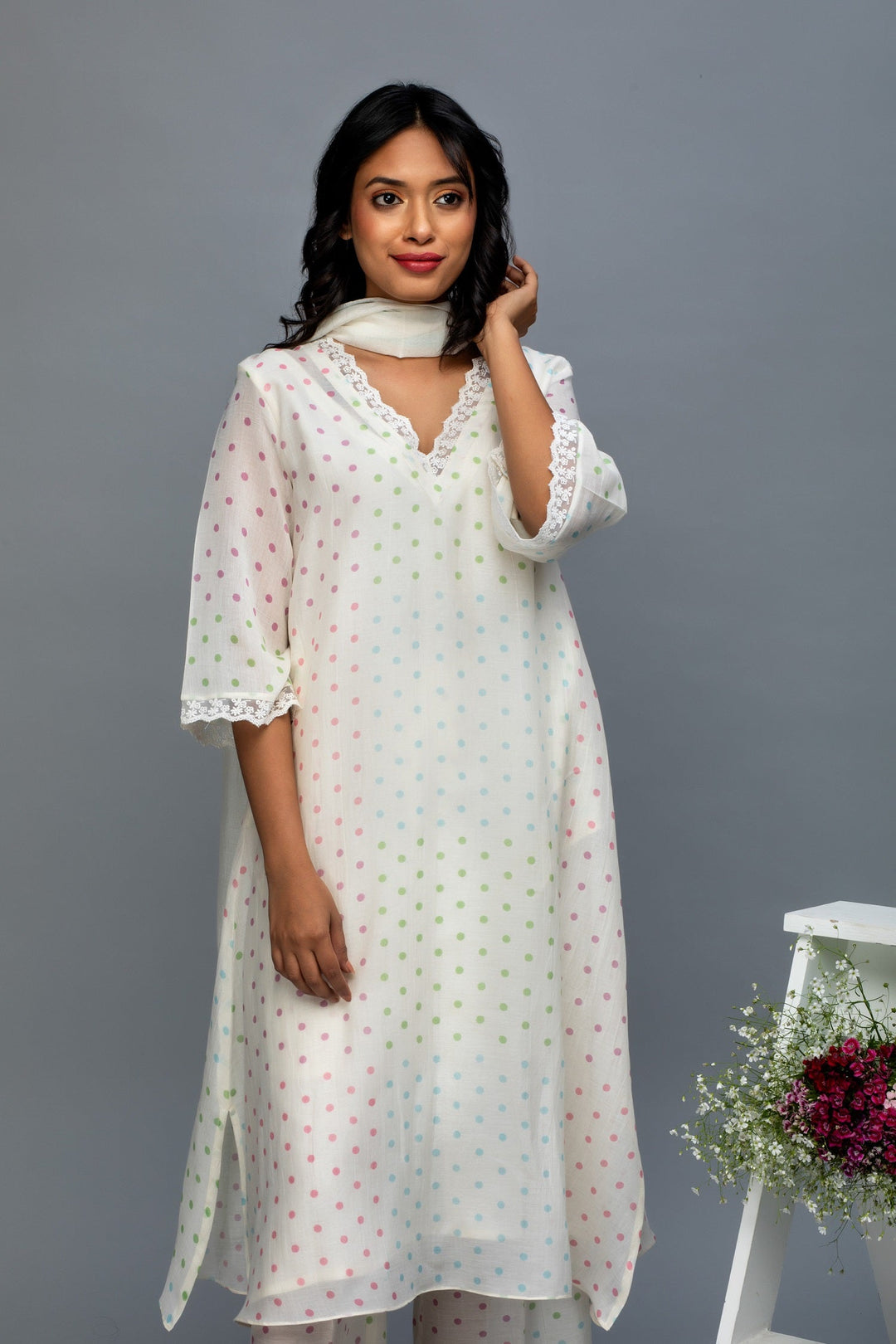 Multicolored Polka Printed Chanderi Suit Set with Dupatta