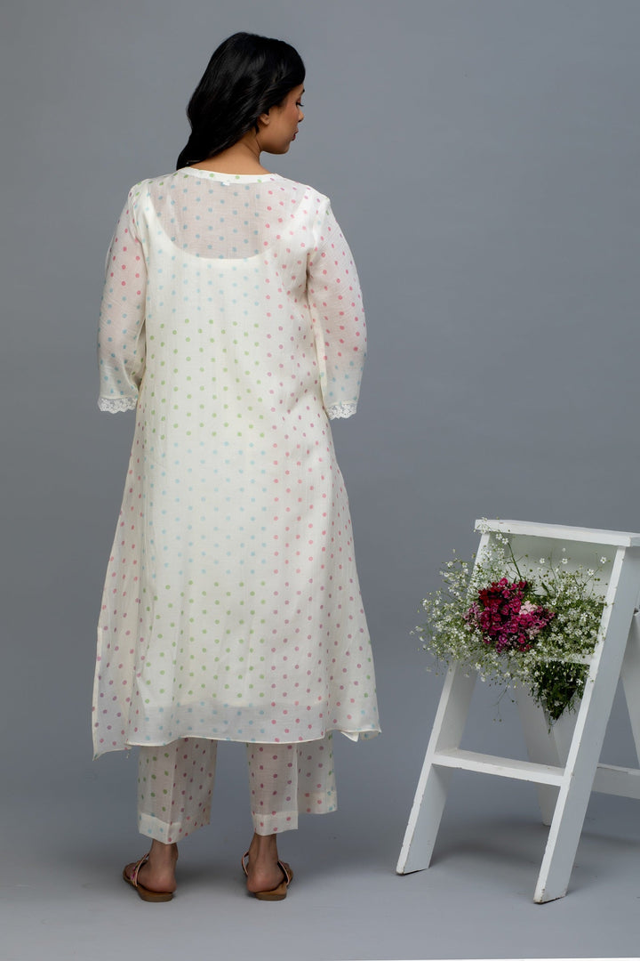 Multicolored Polka Printed Chanderi Suit Set with Dupatta