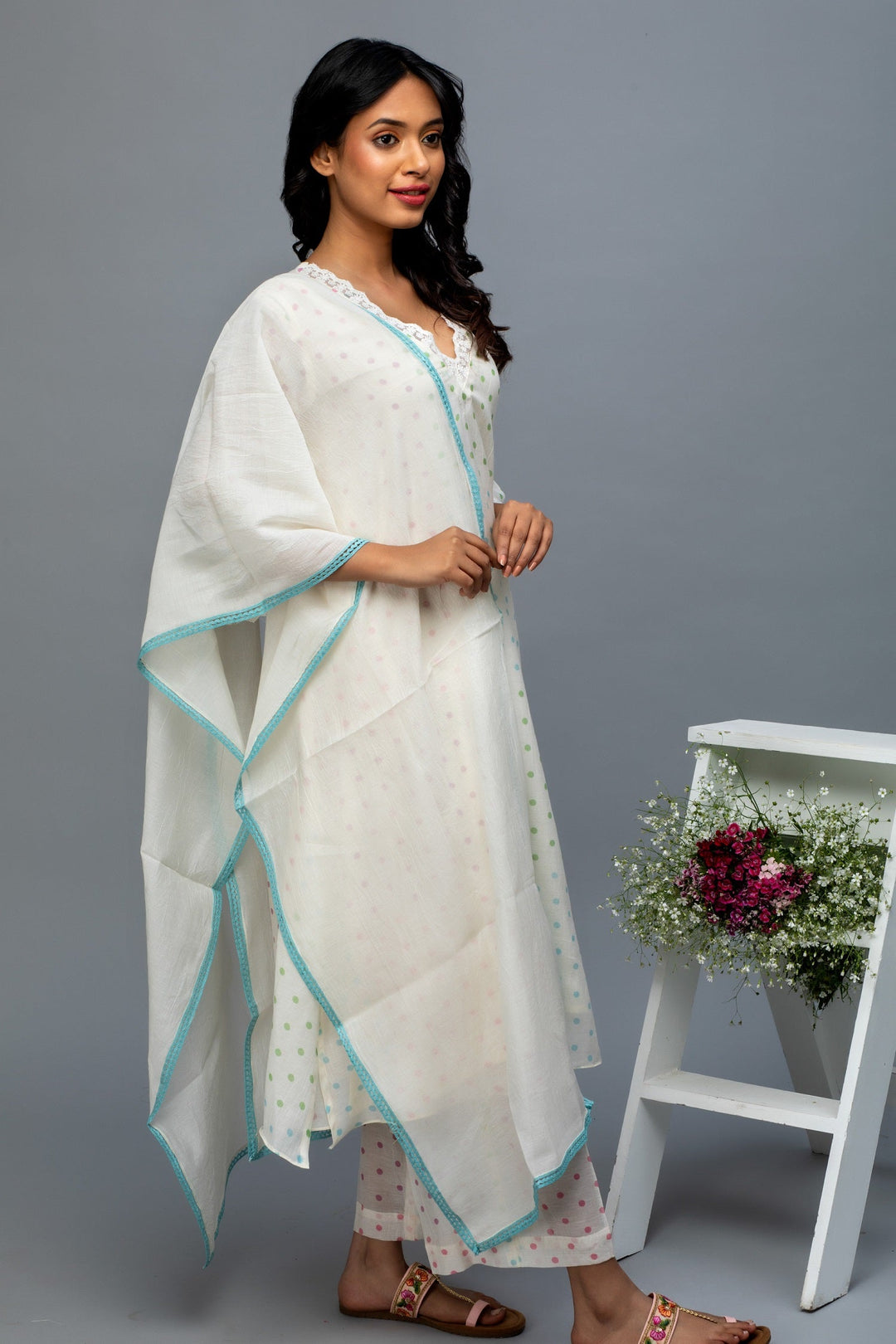 Multicolored Polka Printed Chanderi Suit Set with Dupatta