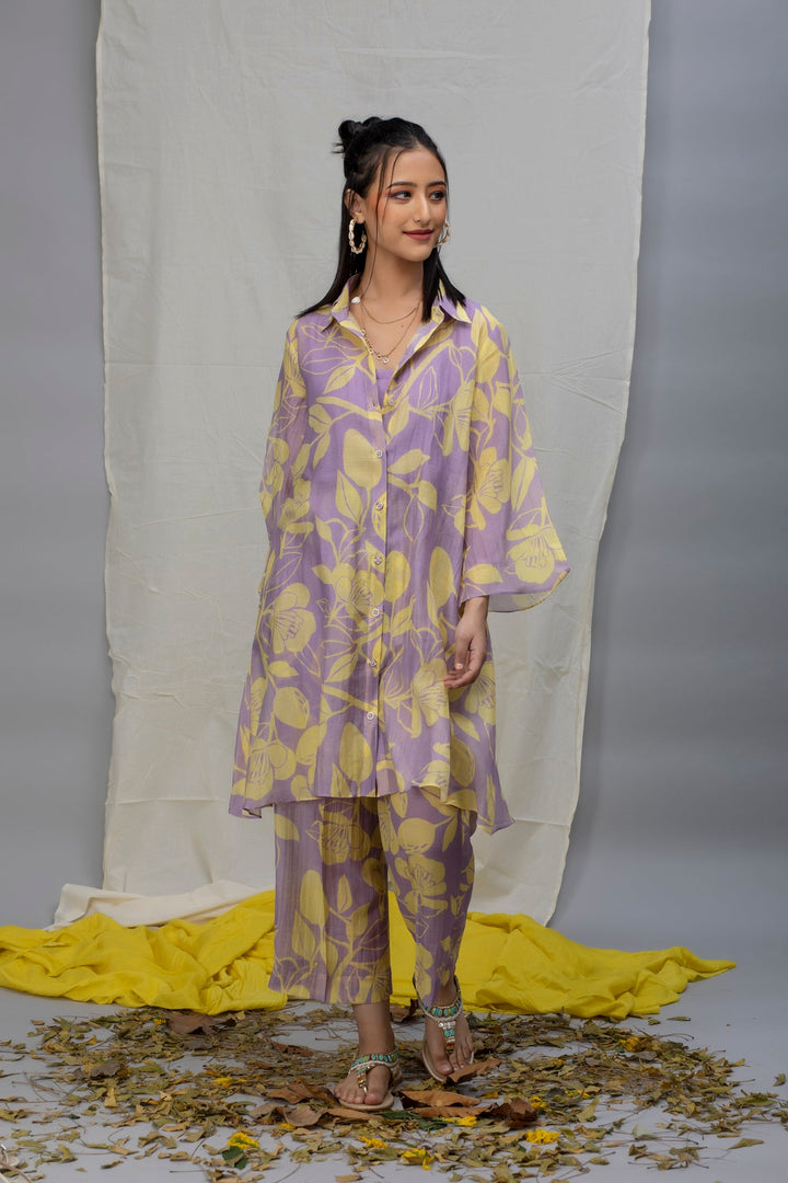 Lavender Yellow Printed Chanderi Coord Set