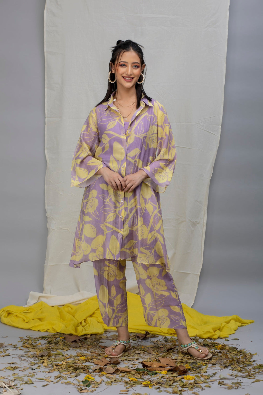 Lavender Yellow Printed Chanderi Coord Set