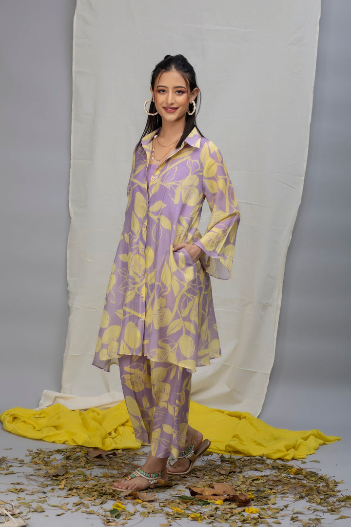 Lavender Yellow Printed Chanderi Coord Set