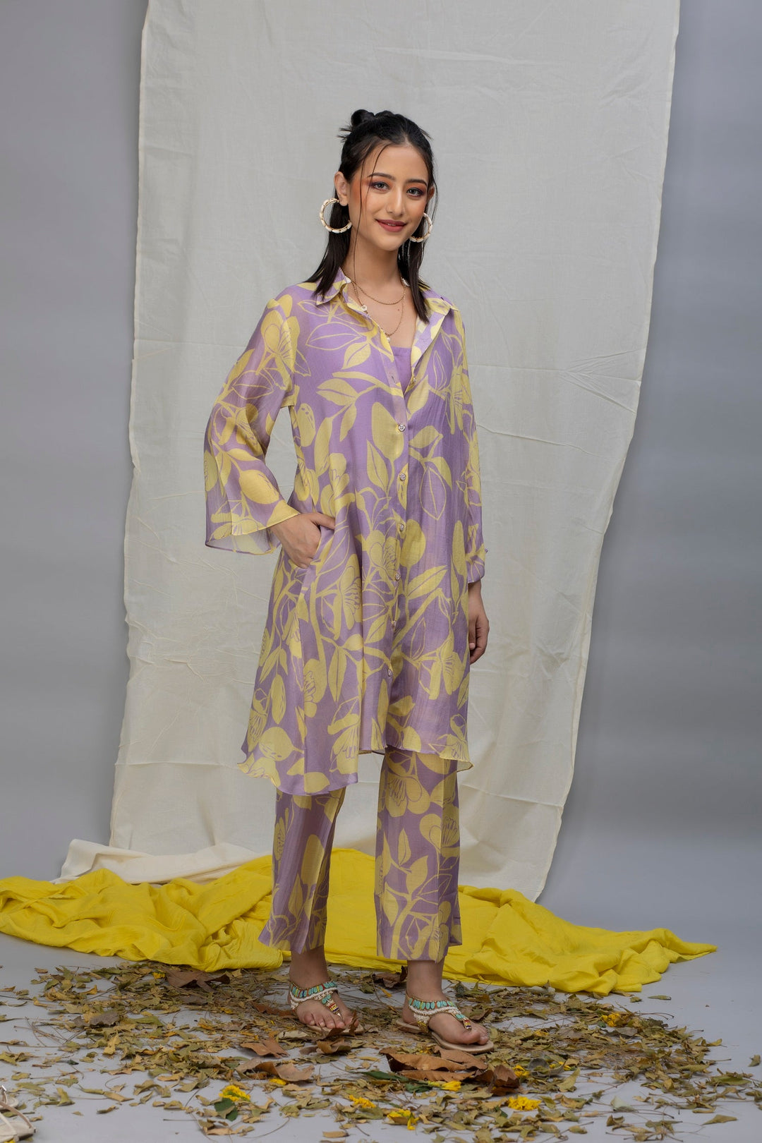 Lavender Yellow Printed Chanderi Coord Set