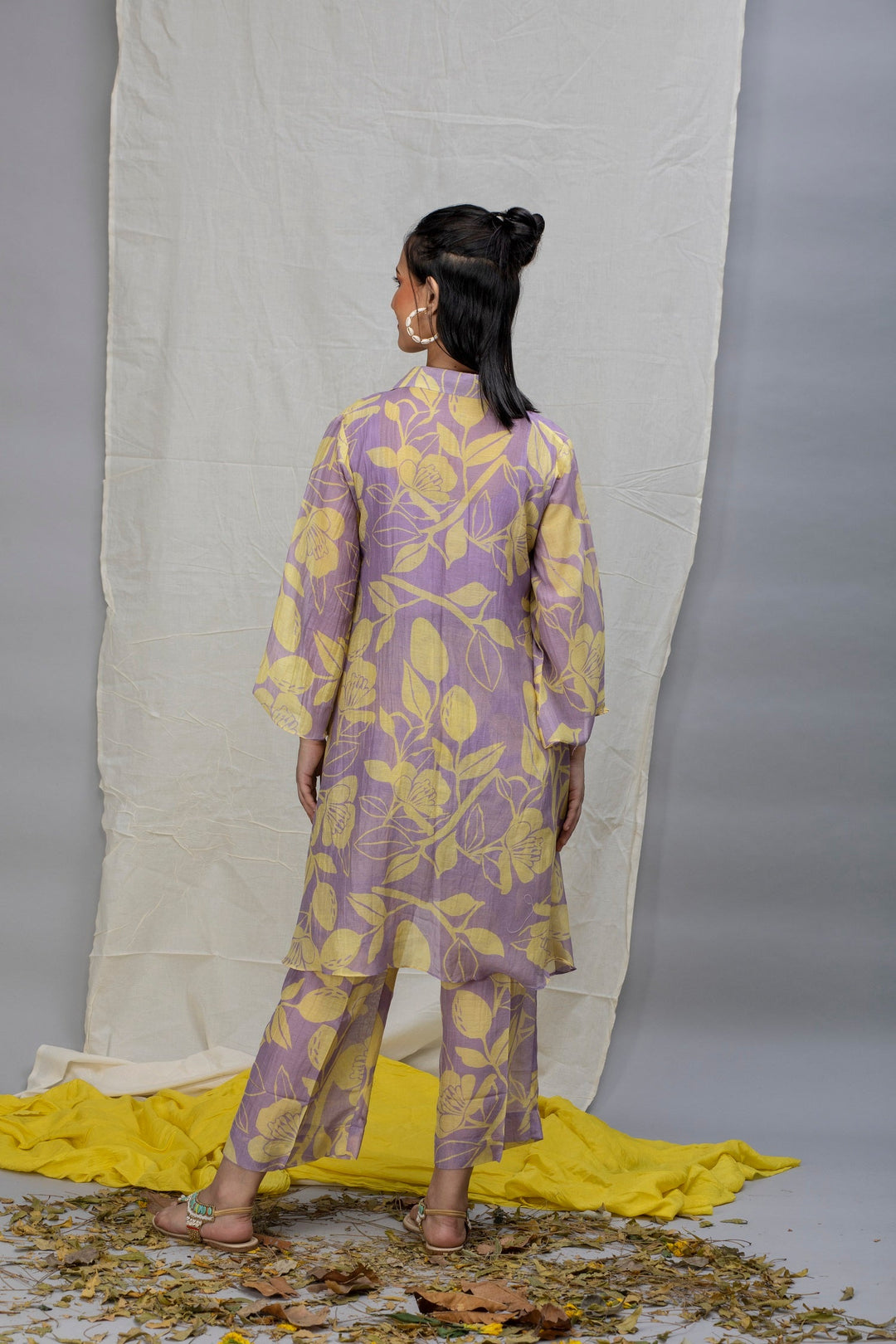 Lavender Yellow Printed Chanderi Coord Set