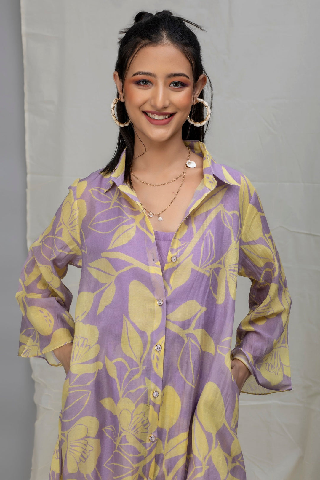 Lavender Yellow Printed Chanderi Coord Set