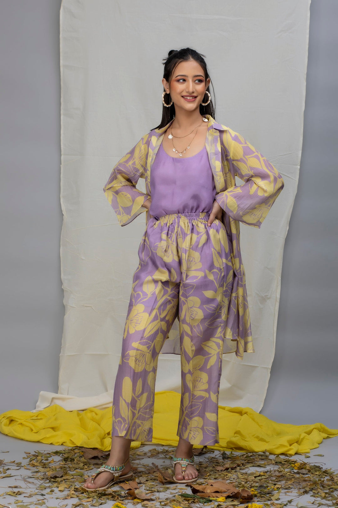 Lavender Yellow Printed Chanderi Coord Set