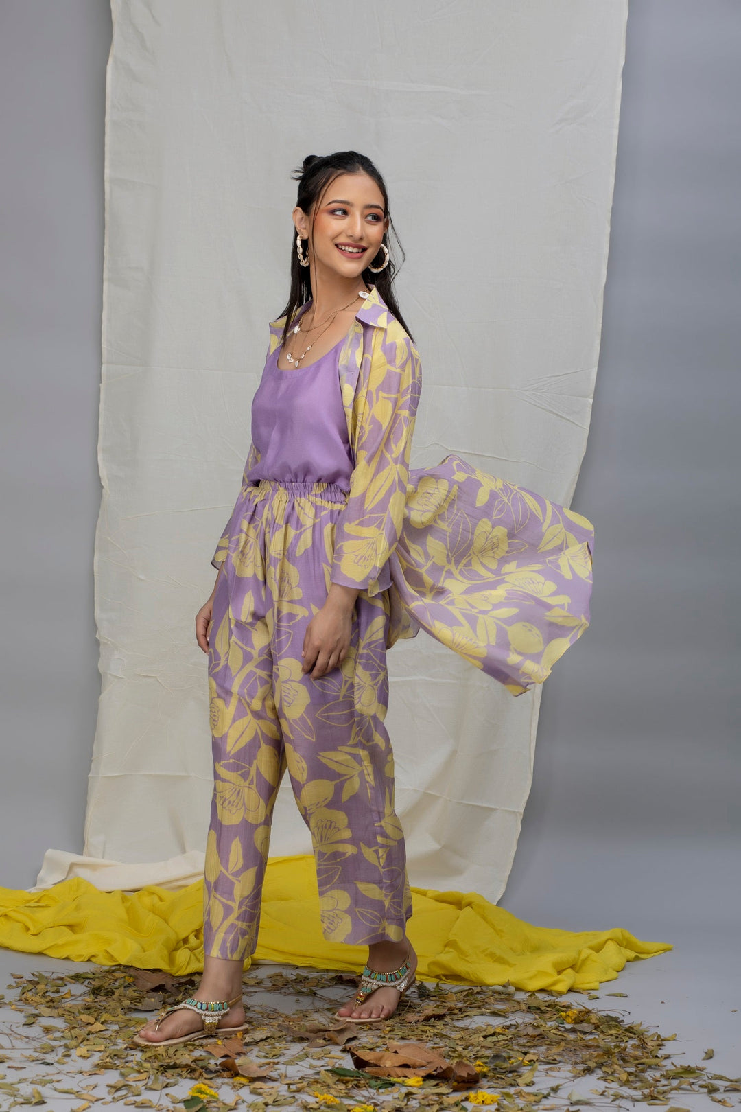Lavender Yellow Printed Chanderi Coord Set