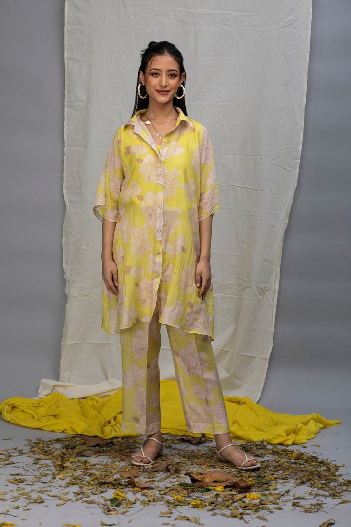 Lemon Beige Printed Chanderi Coord set