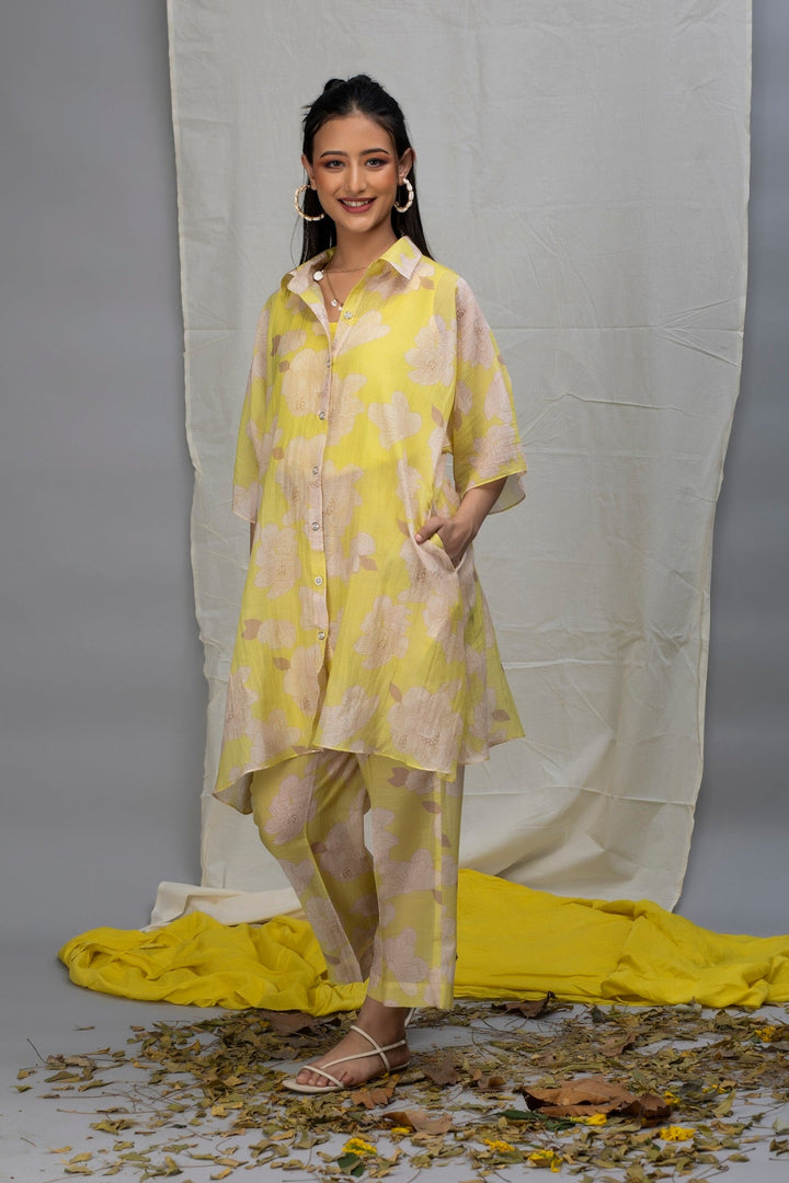 Lemon Beige Printed Chanderi Coord set