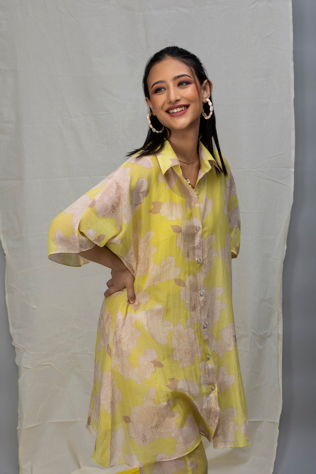 Lemon Beige Printed Chanderi Coord set