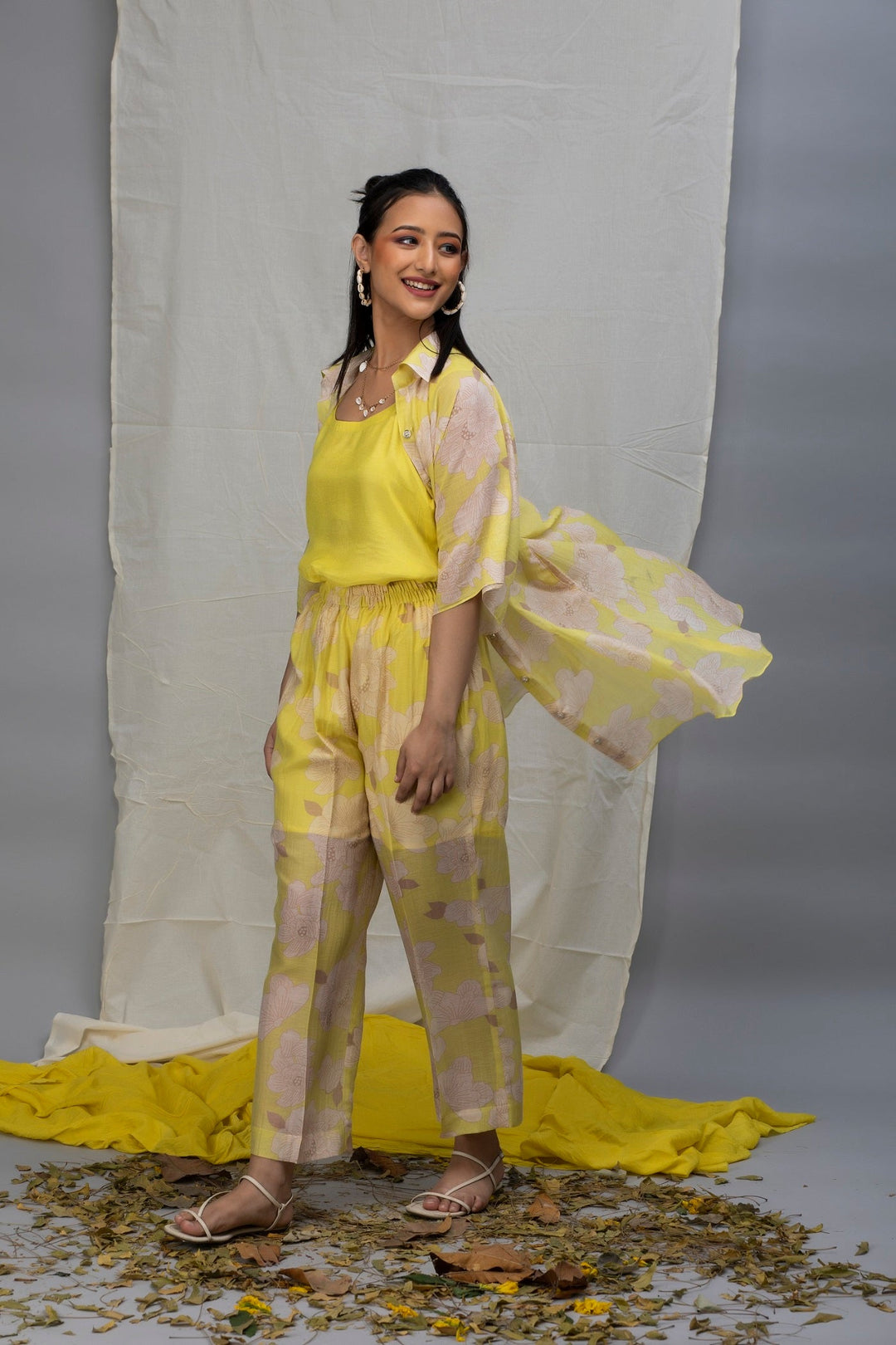 Lemon Beige Printed Chanderi Coord set