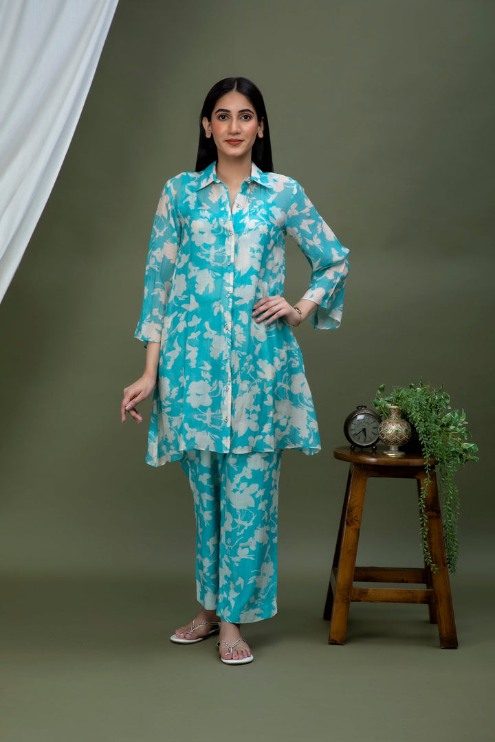 Tiffany Blue White Printed Chanderi Coord Set