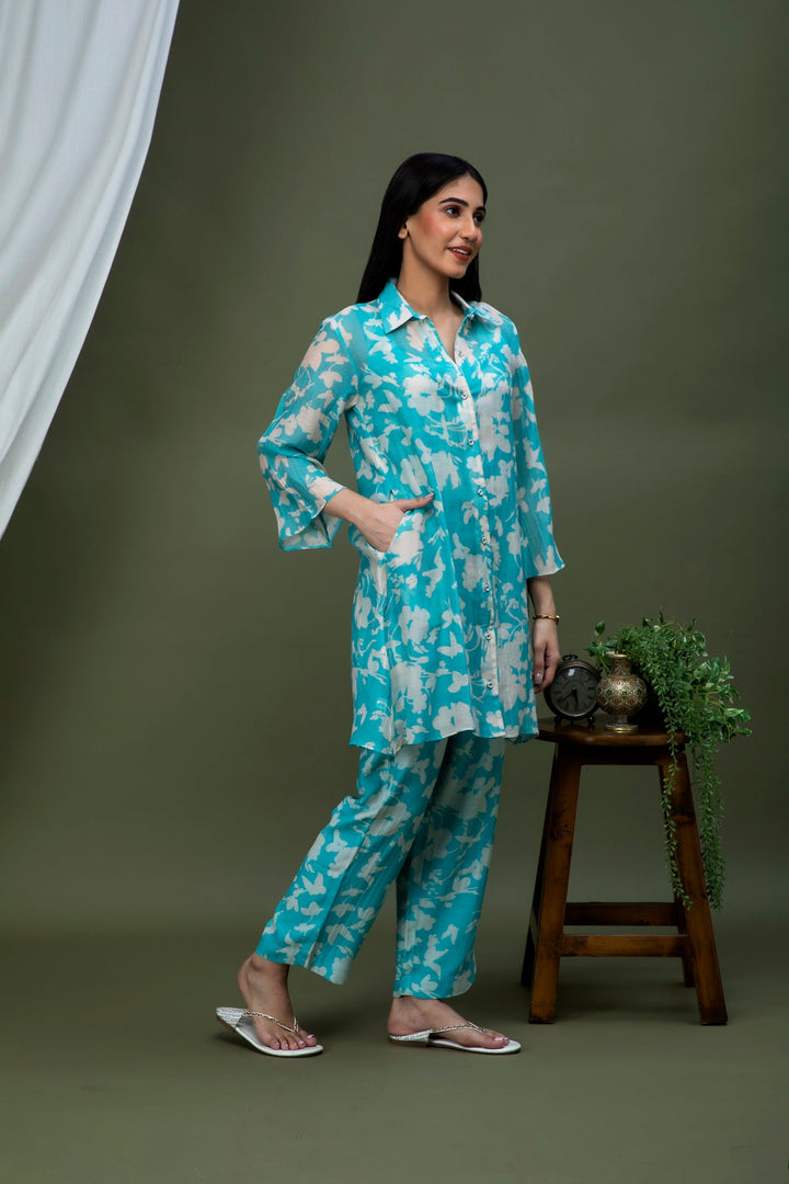 Tiffany Blue White Printed Chanderi Coord Set