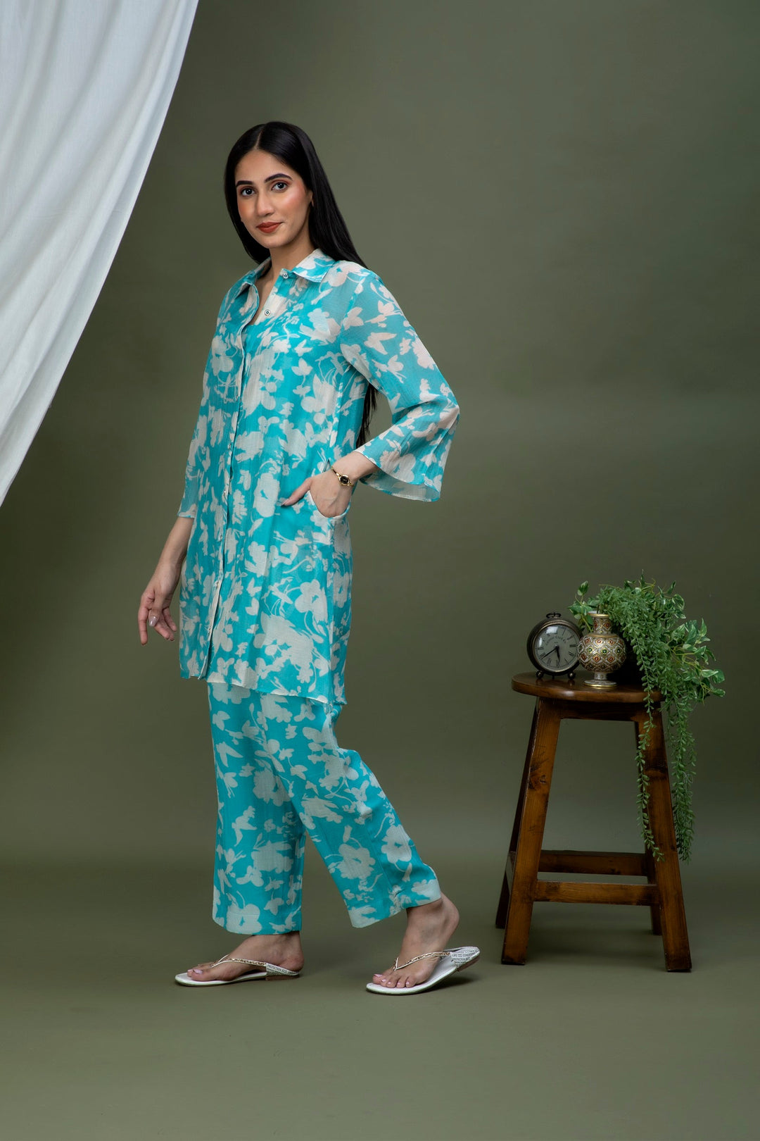Tiffany Blue White Printed Chanderi Coord Set