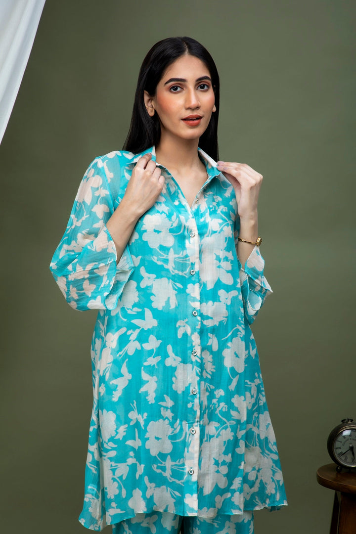 Tiffany Blue White Printed Chanderi Coord Set