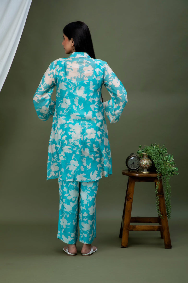 Tiffany Blue White Printed Chanderi Coord Set