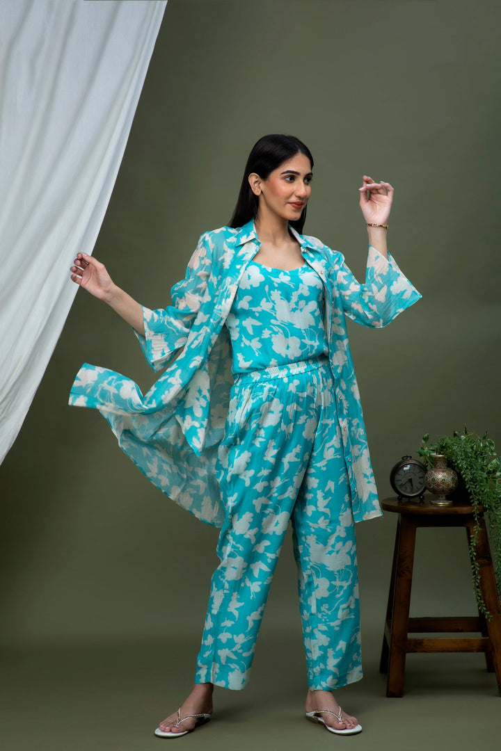 Tiffany Blue White Printed Chanderi Coord Set