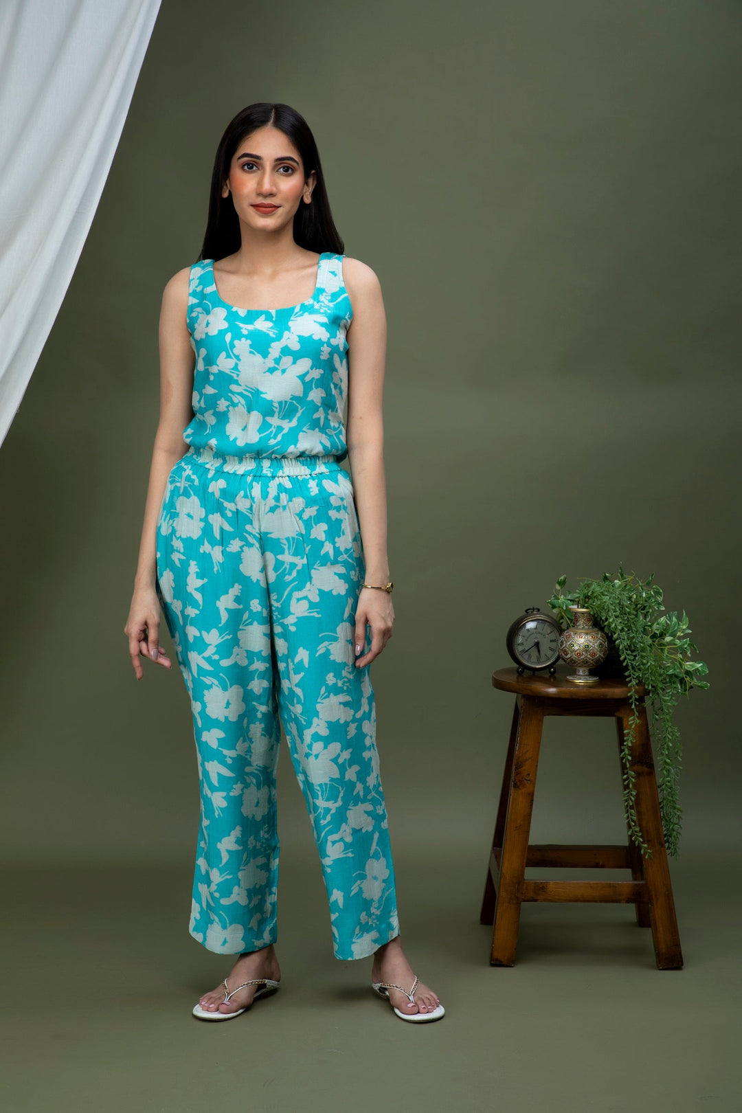 Tiffany Blue White Printed Chanderi Coord Set