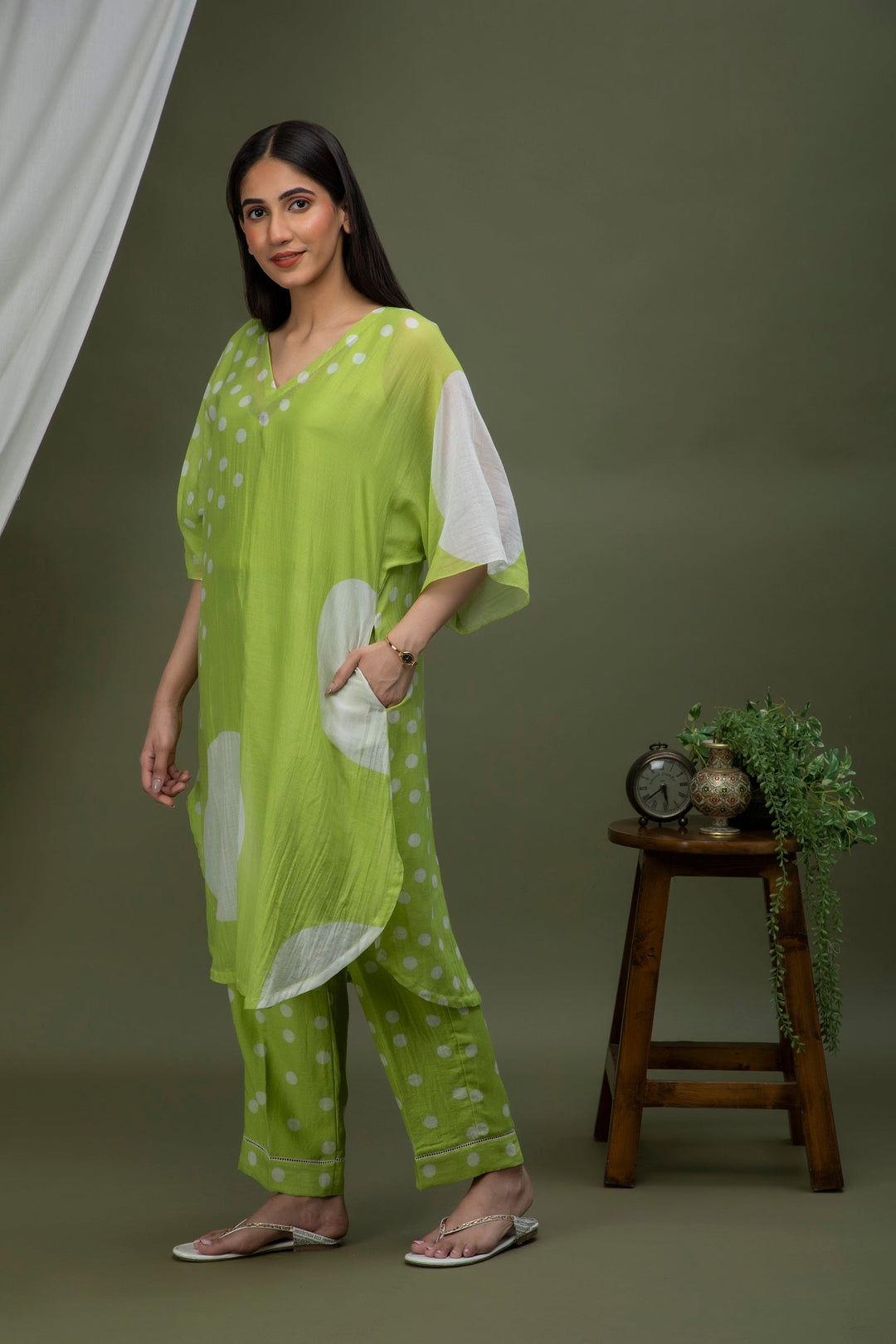 Moss Green Polka Chanderi Coord Set
